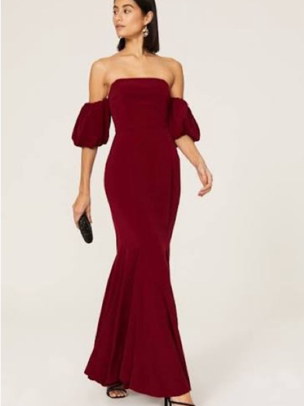 Off-Shoulder Red Evening Gown with Puff Sleeves